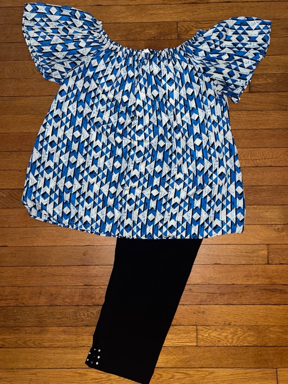American City Wear Blue and White Geometric Off-Shoulder Blouse